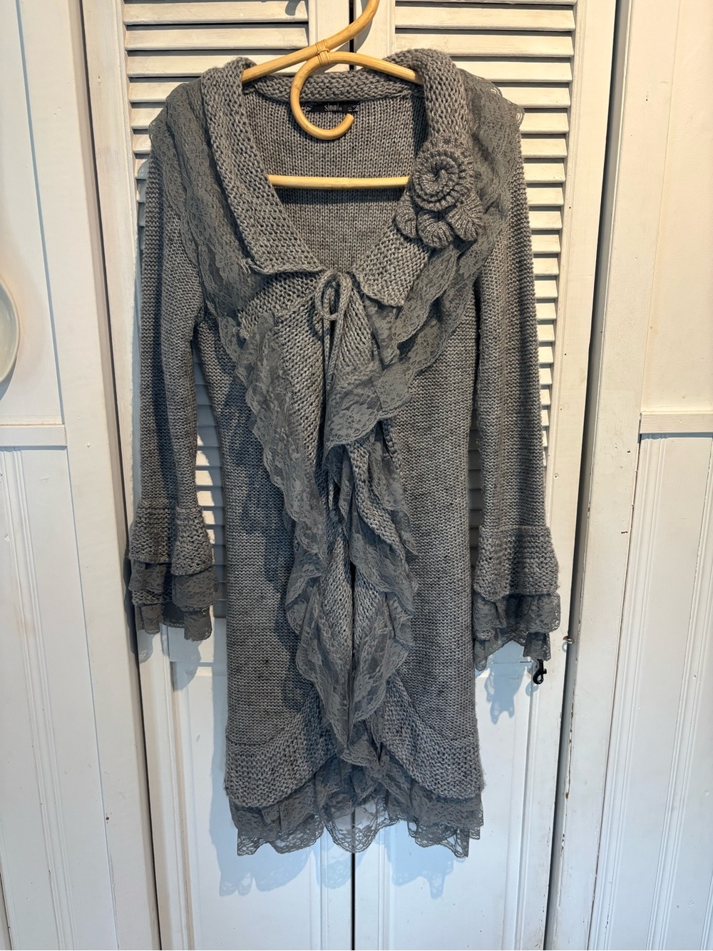 Gray Ruffled Lace-Trim Fairycore Knit Cardigan